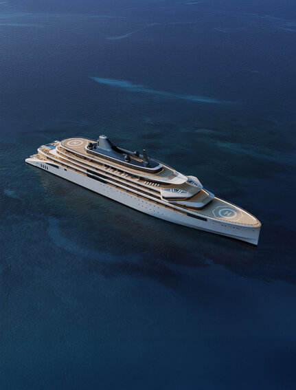 Aman at Sea superyacht aerial view on deep blue ocean